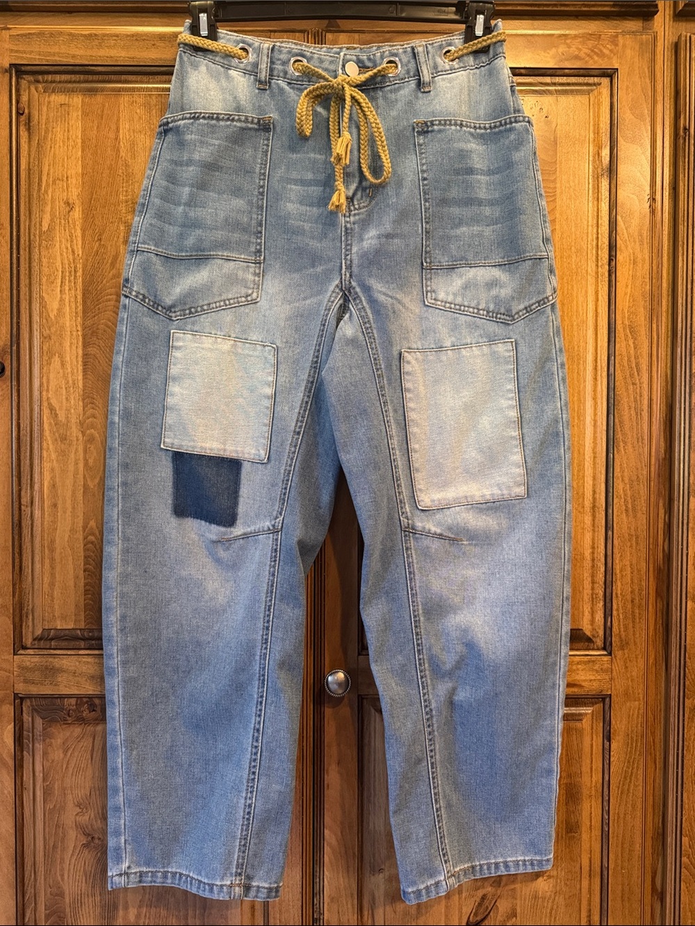 Light Wash Denim Patch Pocket Jeans with Rope Drawstring